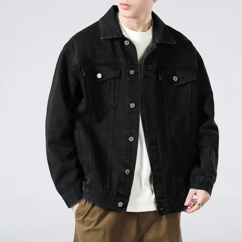 Men's Washed Denim Jacket – Button Front Chest Pocket Oversized Casual
