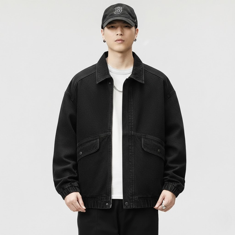 Men's Washed Denim Jacket – Zip Front Gathered Cuff Oversized Streetwear