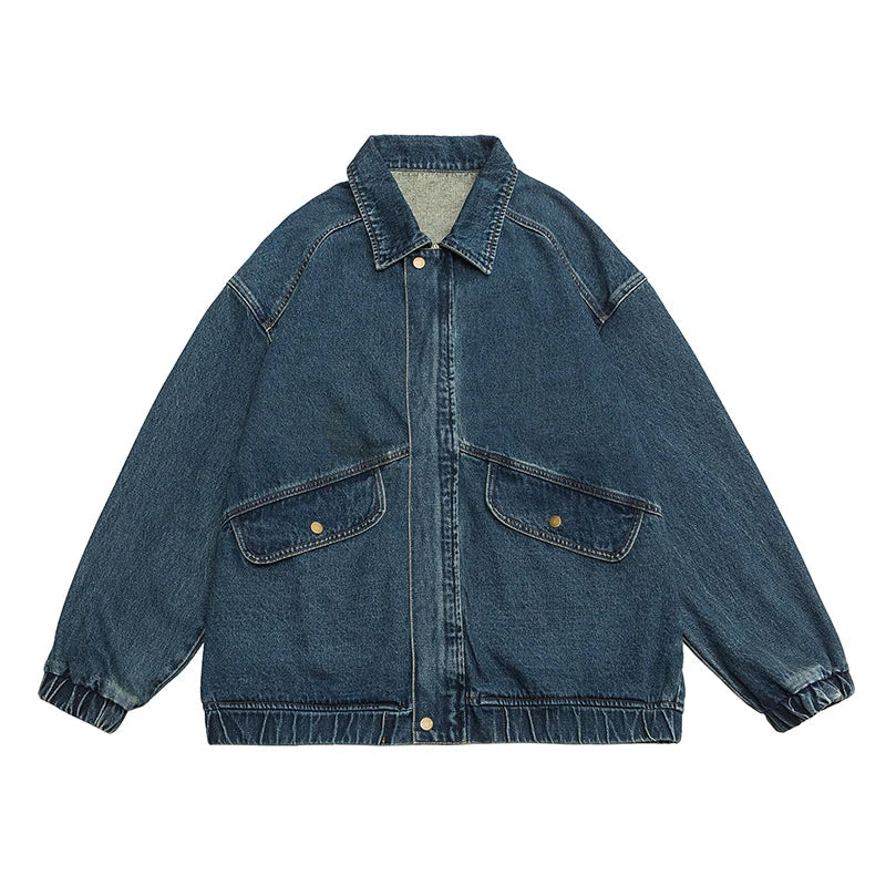 Men's Washed Denim Jacket – Zip Front Gathered Cuff Oversized Streetwear