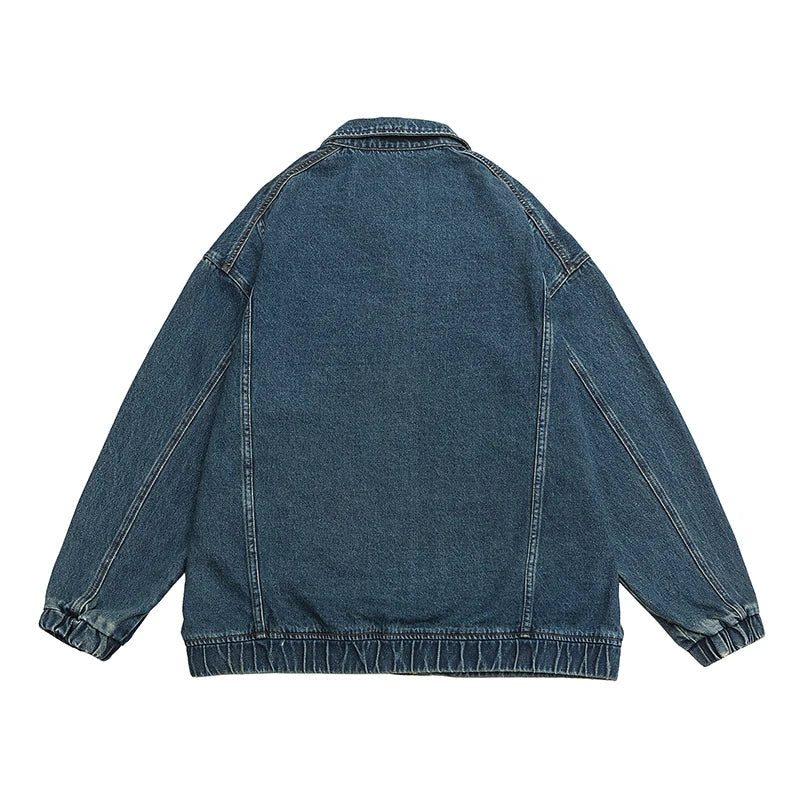 Men's Washed Denim Jacket – Zip Front Gathered Cuff Oversized Streetwear