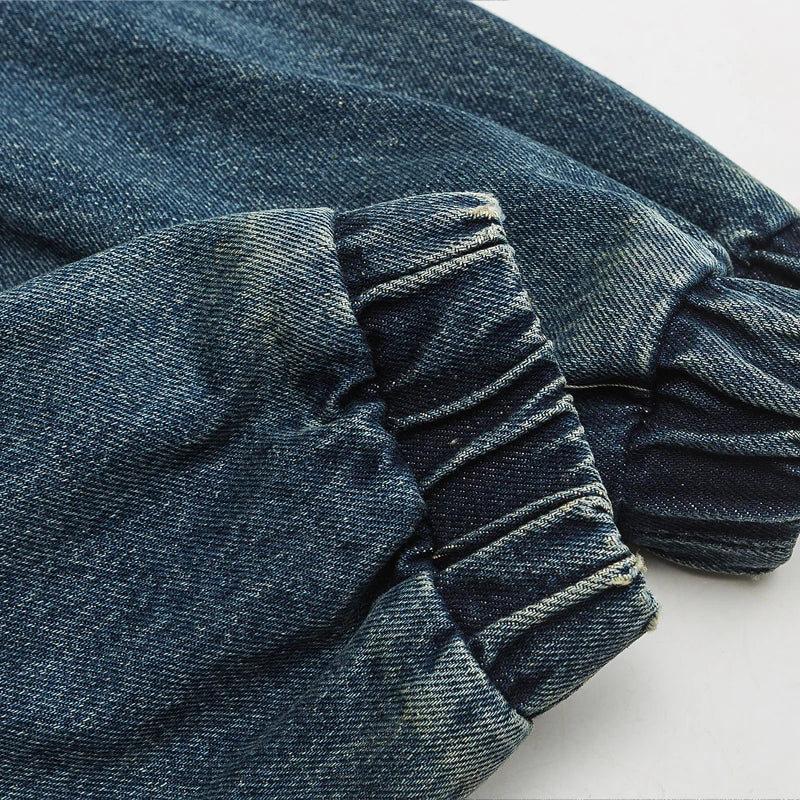 Men's Washed Denim Jacket – Zip Front Gathered Cuff Oversized Streetwear