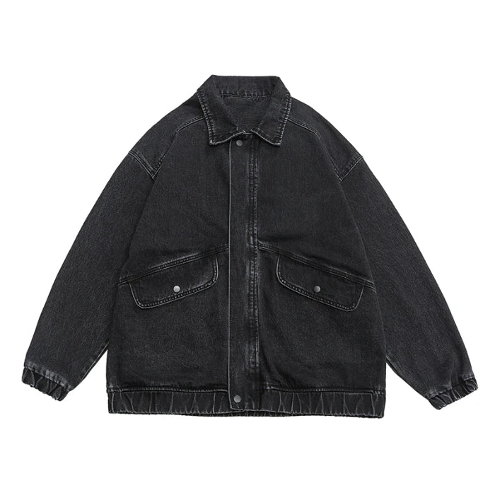 Men's Washed Denim Jacket – Zip Front Gathered Cuff Oversized Streetwear