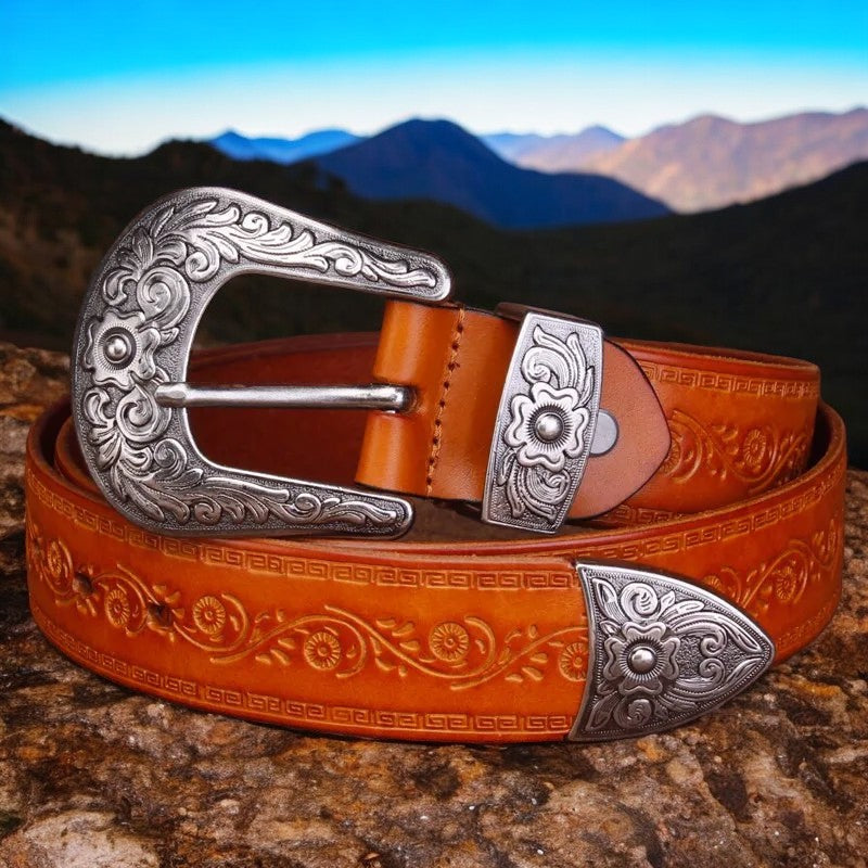 Men's Western Belt – Engraved Floral Buckle Embossed Strap Casual