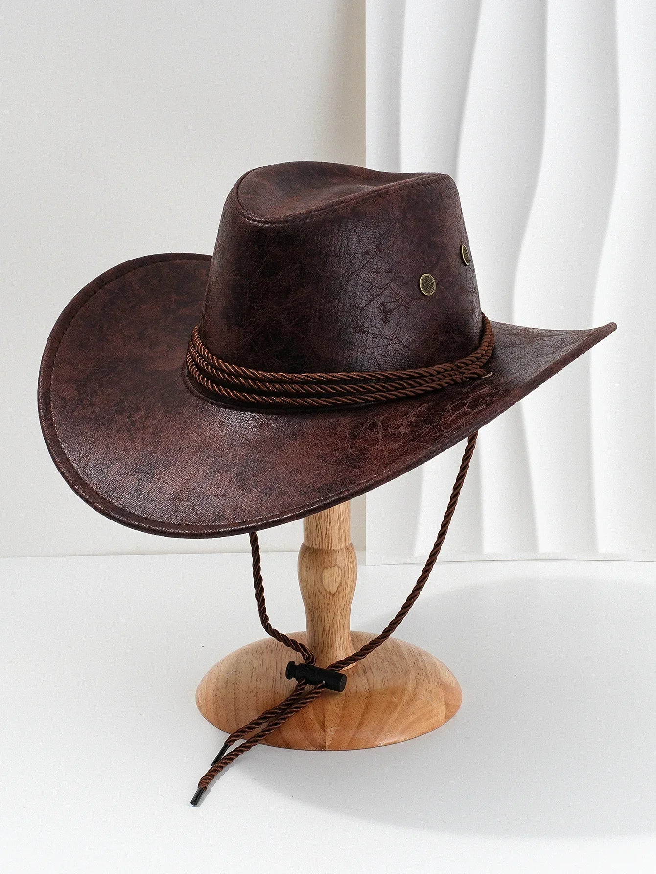 Men's Western Cowboy Hat – Distressed Faux Leather Wide Brim Chin Strap Outdoor
