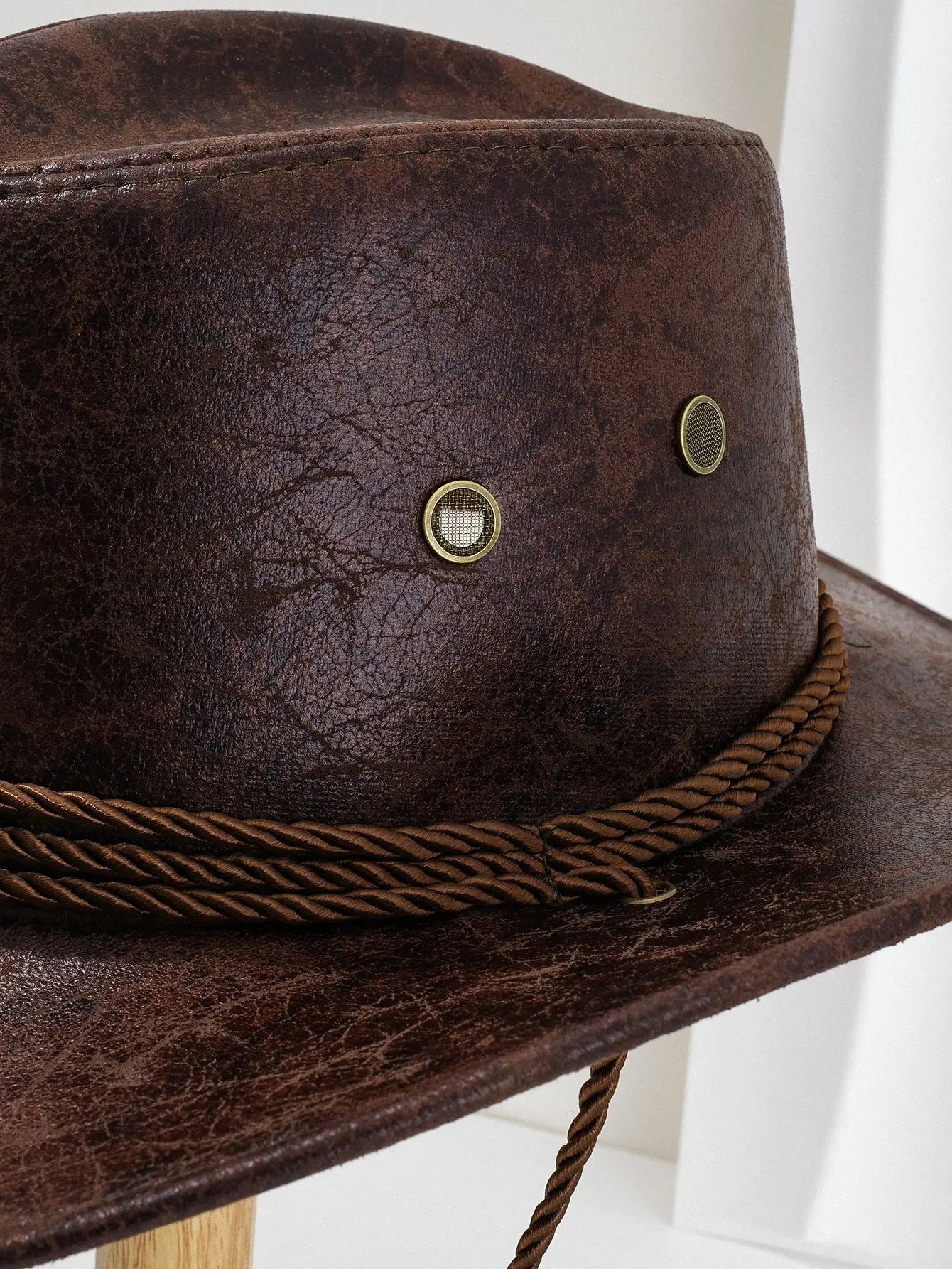 Men's Western Cowboy Hat – Distressed Faux Leather Wide Brim Chin Strap Outdoor