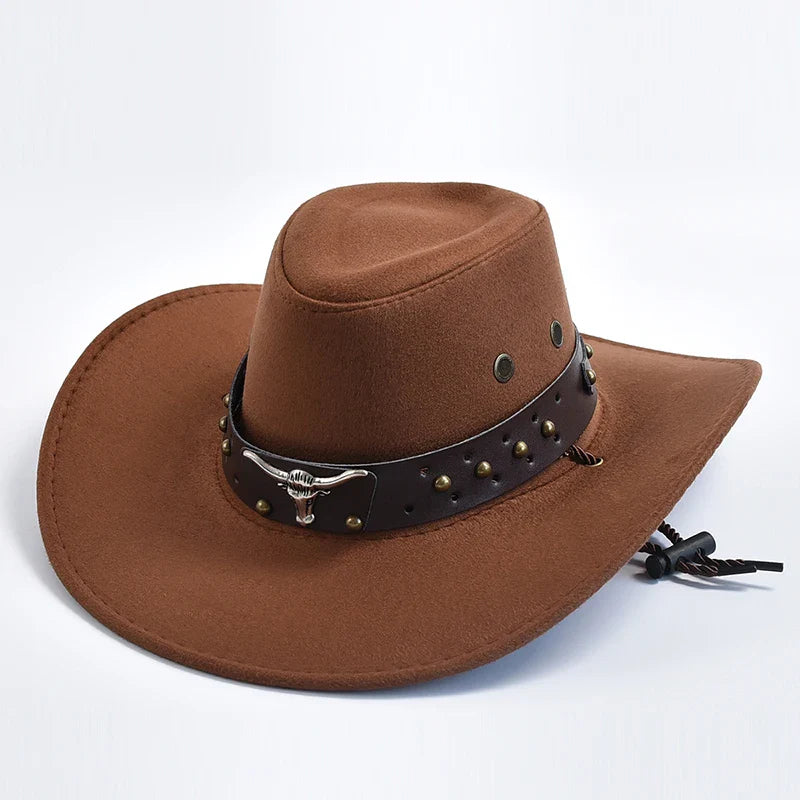 Men's Western Cowboy Hat – Suede Wide Brim Stud Band Longhorn Festival