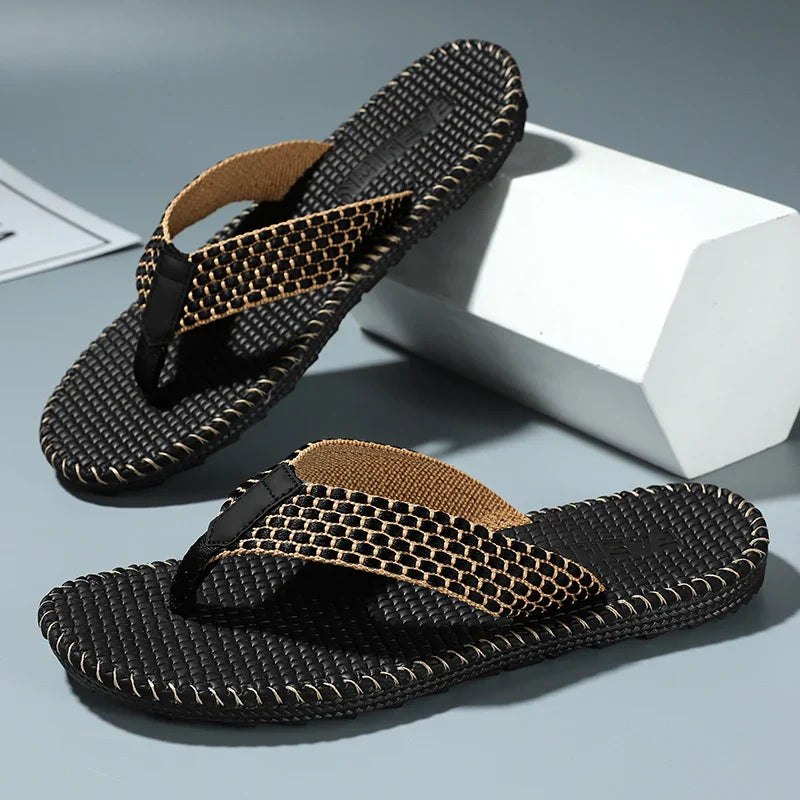 Men's Woven Toe Post Flip Flops – Open Toe Flat Strap Beach Sandals