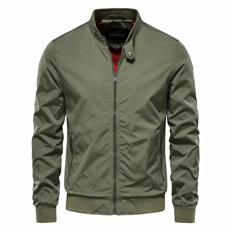 Men's Zip Front Bomber Jacket – Stand Collar Ribbed Hem Contrast Lined