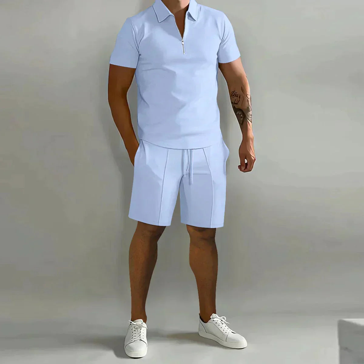 Men's Zip Polo 2 Piece Set – Short Sleeve Drawstring Shorts Casual