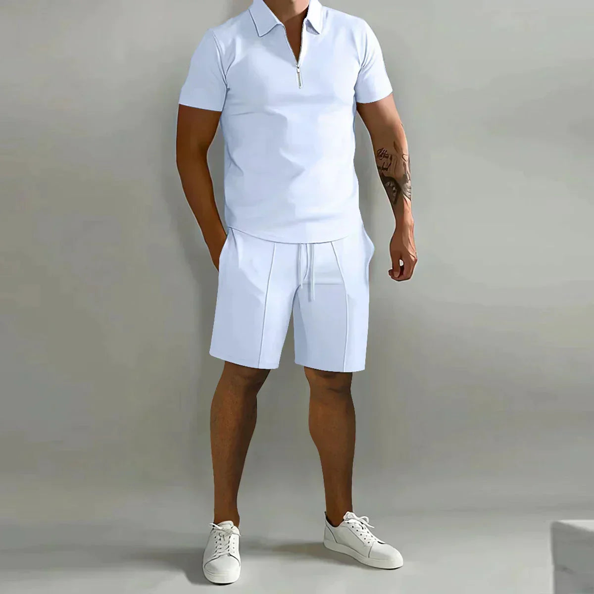 Men's Zip Polo 2 Piece Set – Short Sleeve Drawstring Shorts Casual