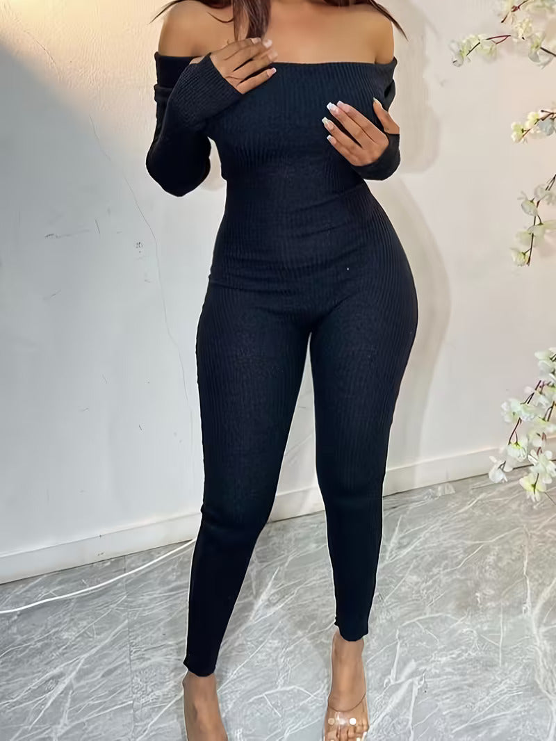 Women's Ribbed Off Shoulder Jumpsuit – Long Sleeve Bodycon Full Length