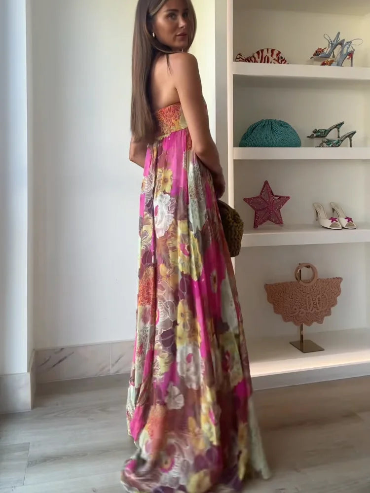 Women's Strapless Floral Maxi – Empire Waist Gathered Wedding Guest Dress