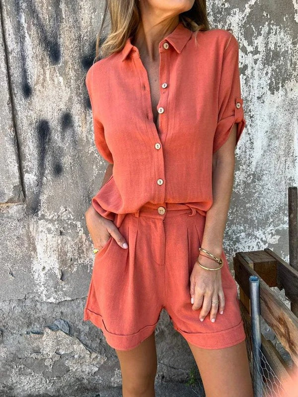 Women's 2 Piece Set – Button Front Shirt Collared Roll Sleeve Shorts Summer
