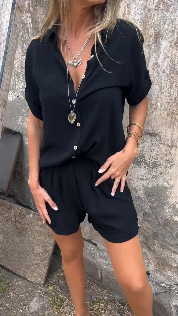 Women's 2 Piece Set – Button Front Shirt Collared Roll Sleeve Shorts Summer
