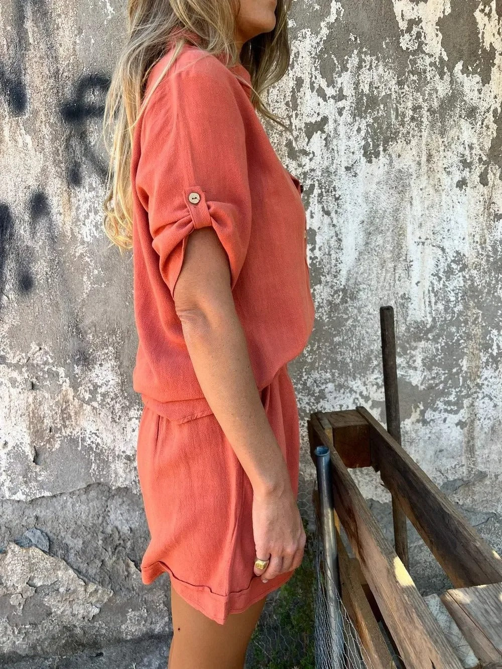 Women's 2 Piece Set – Button Front Shirt Collared Roll Sleeve Shorts Summer