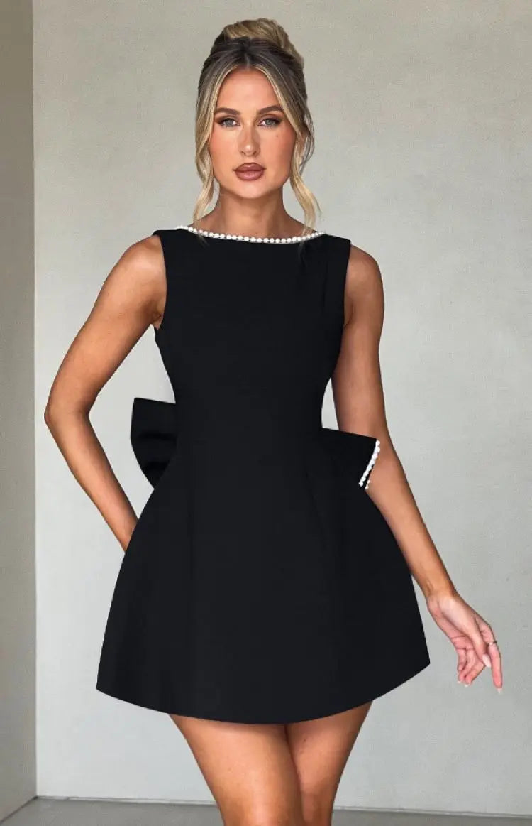 Women's A-Line Mini Dress – Pearl Trim Bateau Neck Sleeveless Wedding Guest
