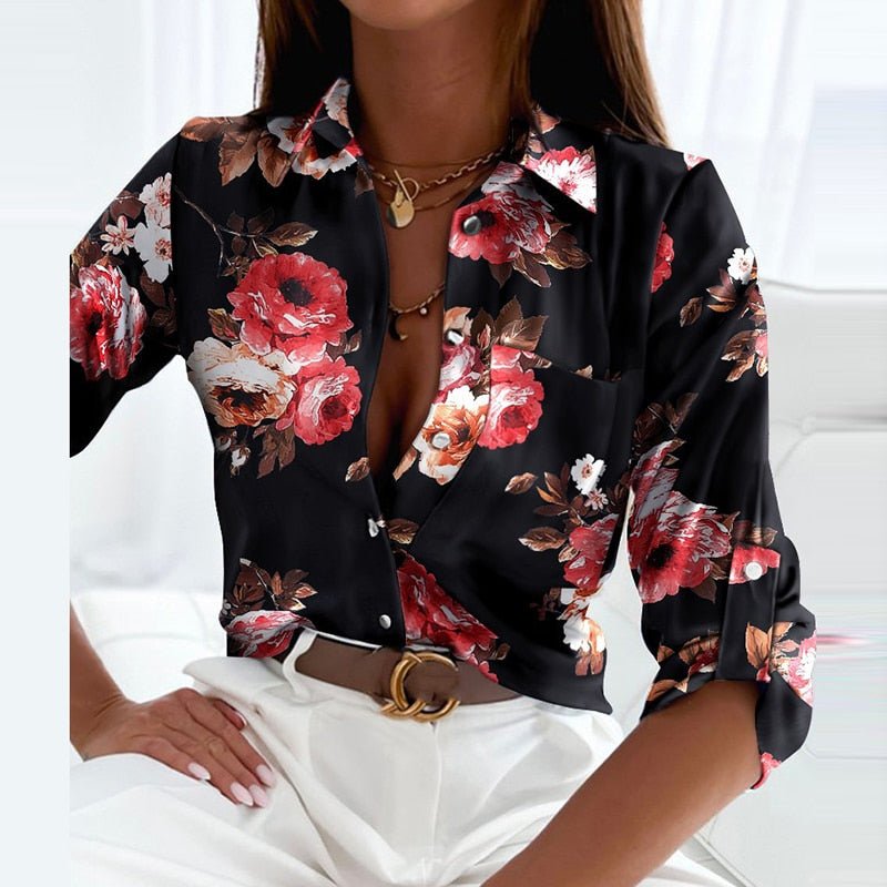 Women's Abstract Print Blouse – Long Sleeve Button Down Collar Work Casual