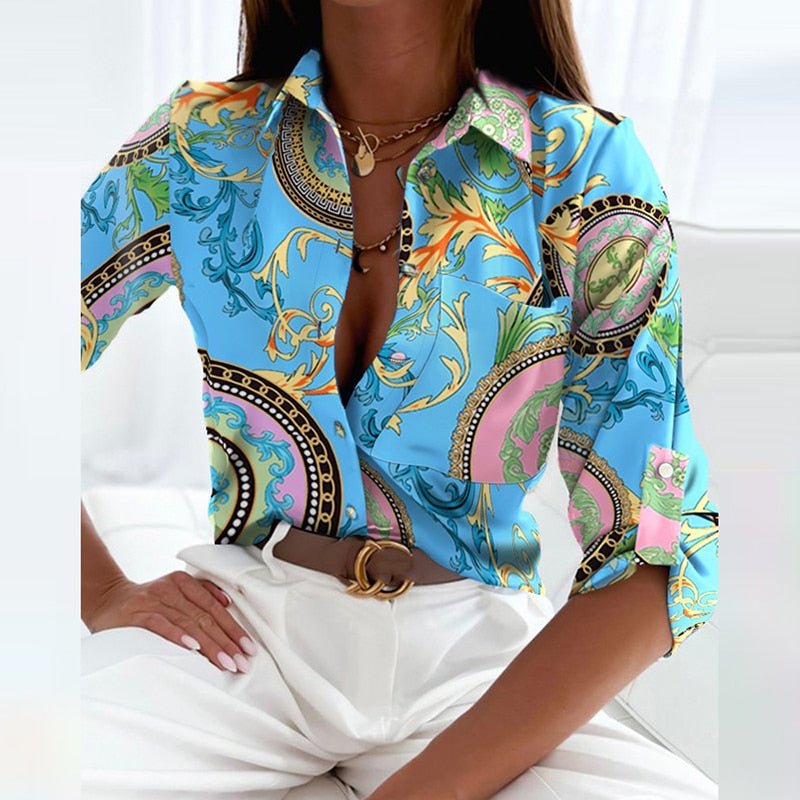 Women's Abstract Print Blouse – Long Sleeve Button Down Collar Work Casual