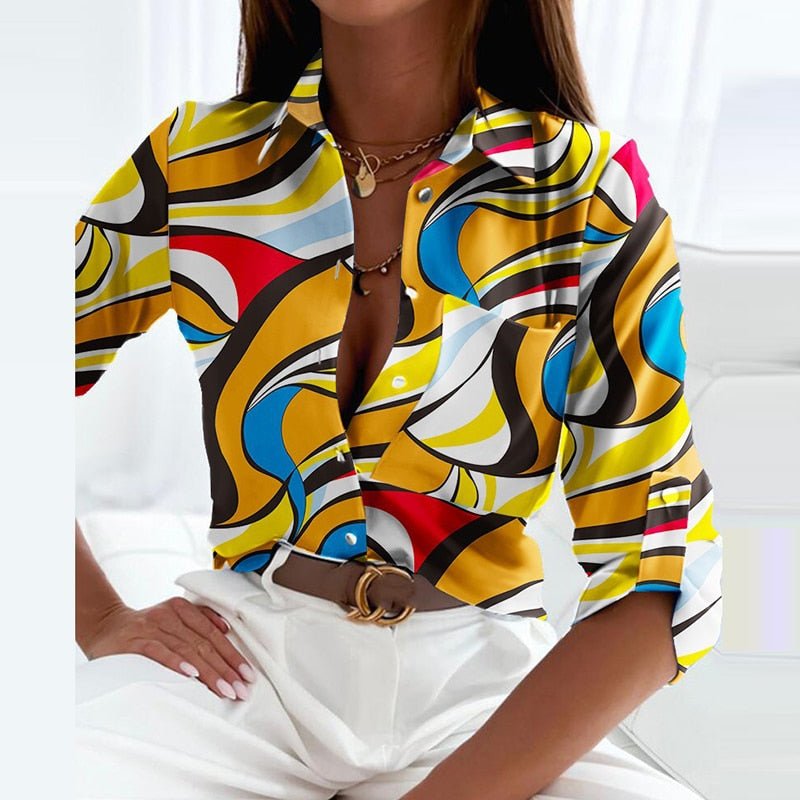 Women's Abstract Print Blouse – Long Sleeve Button Down Collar Work Casual