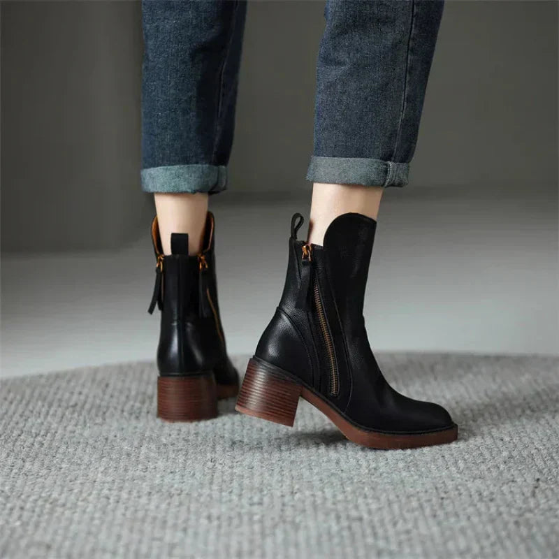 Women's Ankle Boots – Round Toe Block Heel Side Zip Tassel Casual Winter