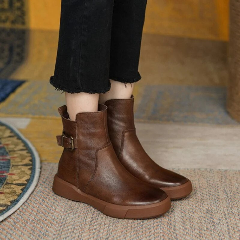 Women's Ankle Boots – Round Toe Flat Platform Buckle Strap Side Zip Casual