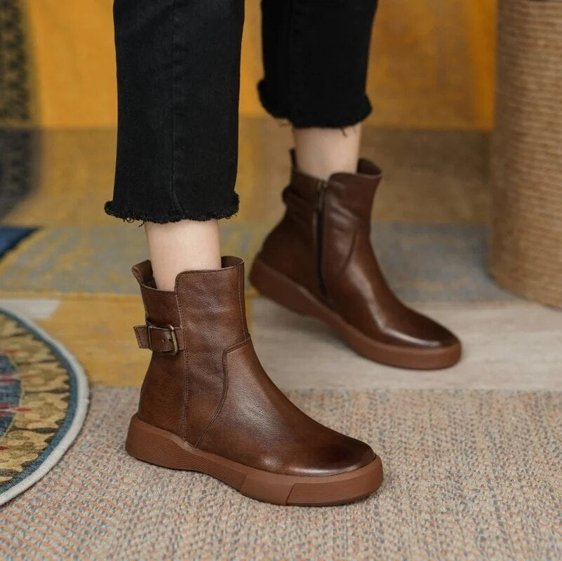 Women's Ankle Boots – Round Toe Flat Platform Buckle Strap Side Zip Casual