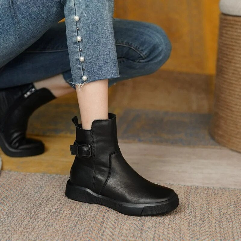 Women's Ankle Boots – Round Toe Flat Platform Buckle Strap Side Zip Casual