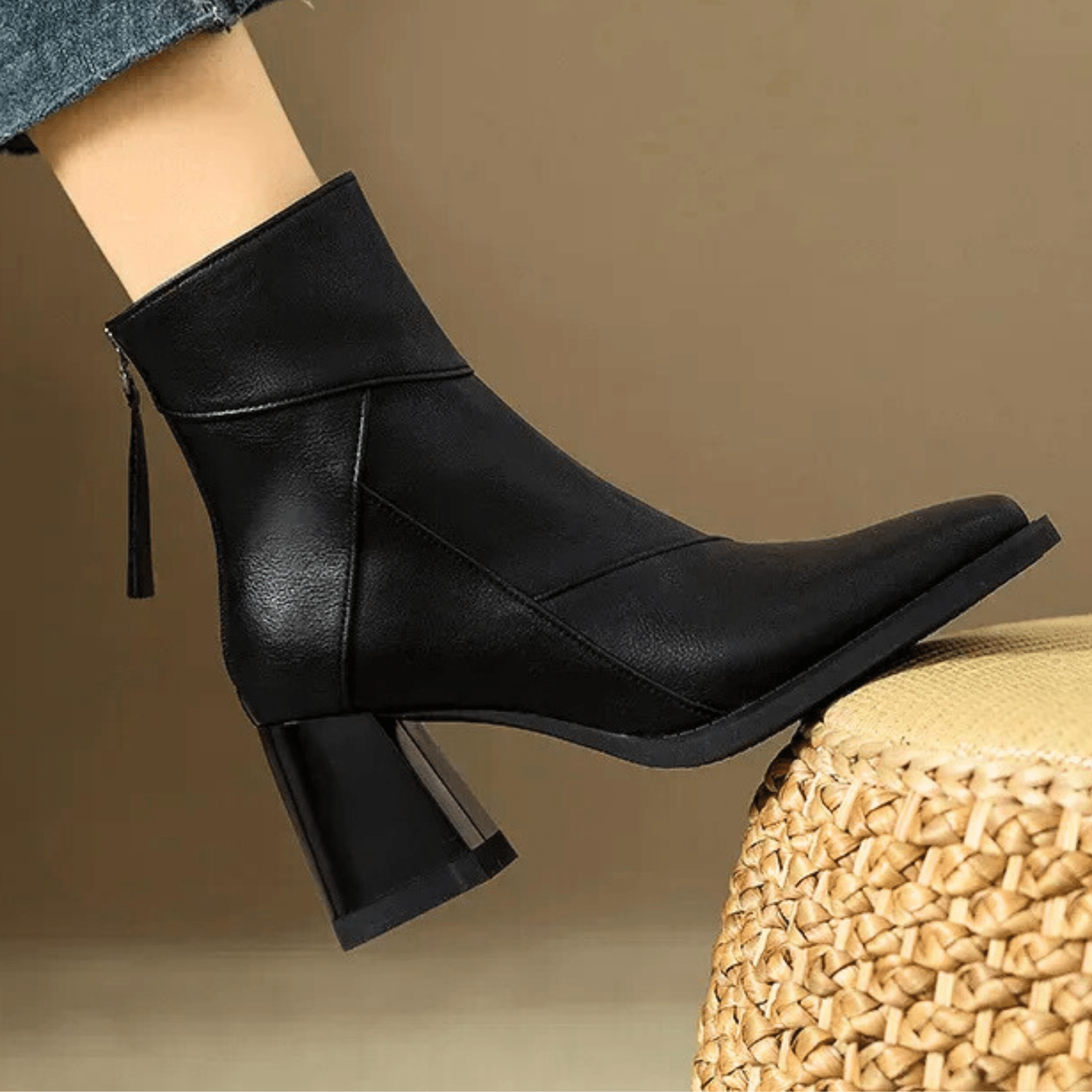 Women's Back Zip Tassel Pull Block Heel Ankle Boots – Fall Winter