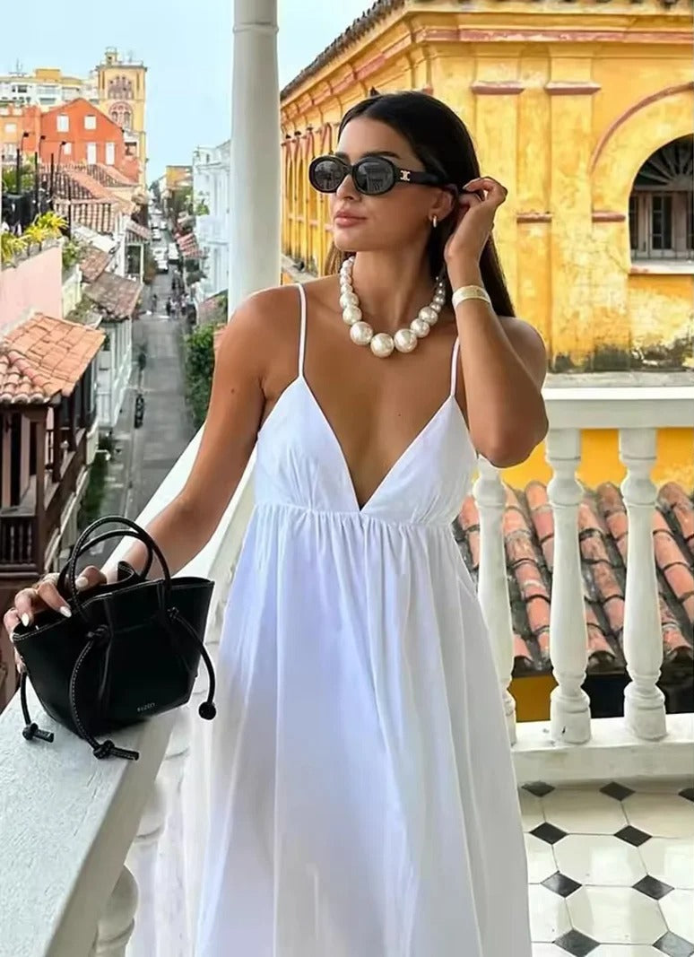 Women's Backless Spaghetti Strap Maxi – Deep V Neck Babydoll Summer Dress