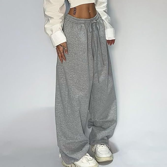 Women's Baggy Sweatpants – Mid Rise Drawstring Open Hem Lounge Casual