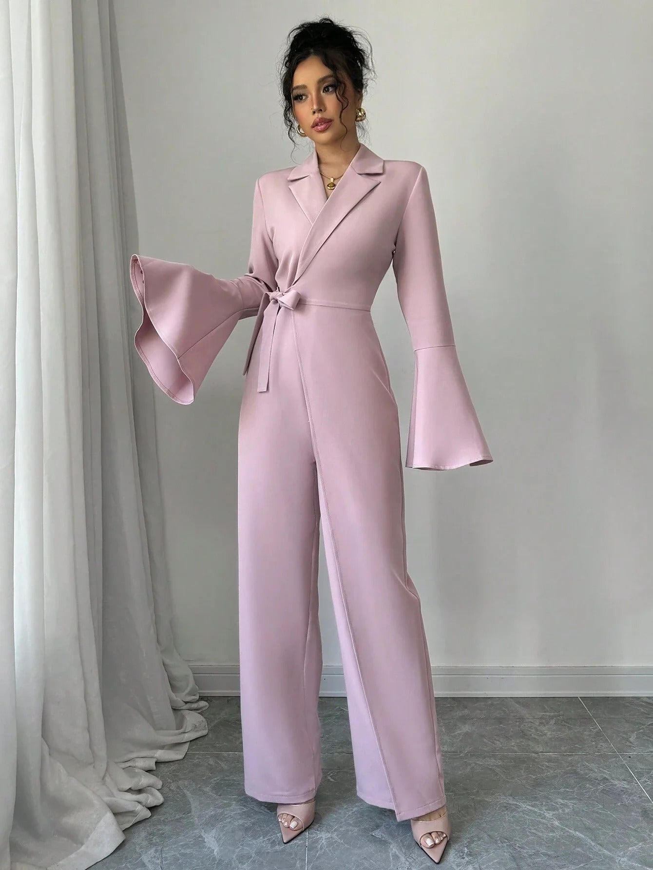 Women's Blazer Wrap Jumpsuit – Flare Sleeve Belted Wide Leg Work Party