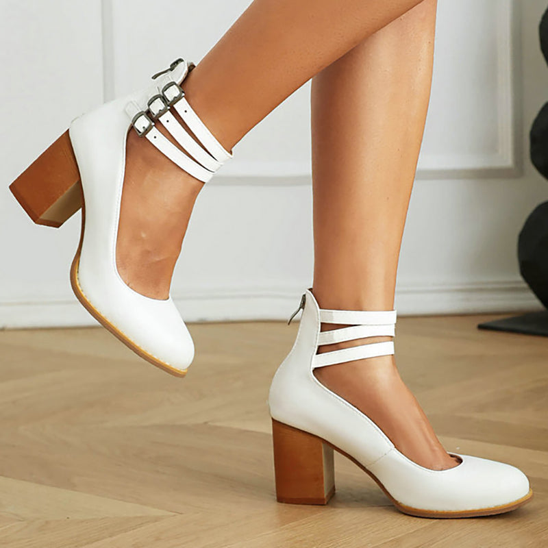 Women's Block Heels – Triple Buckle Ankle Strap Round Toe Office Party