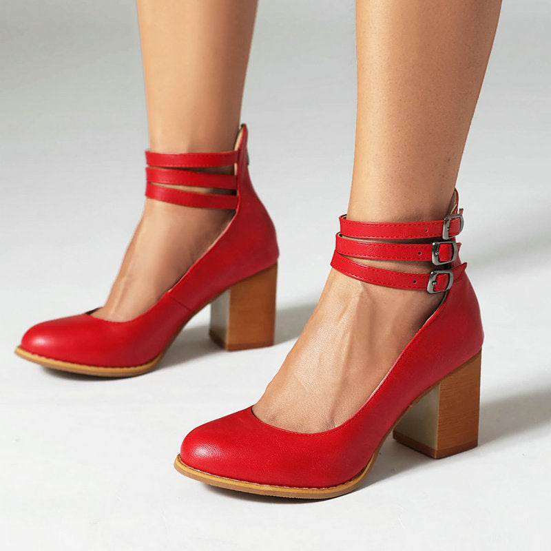 Women's Block Heels – Triple Buckle Ankle Strap Round Toe Office Party