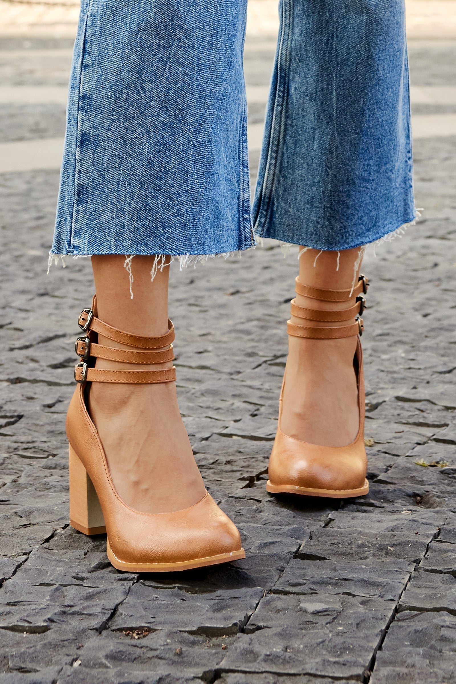Women's Block Heels – Triple Buckle Ankle Strap Round Toe Office Party