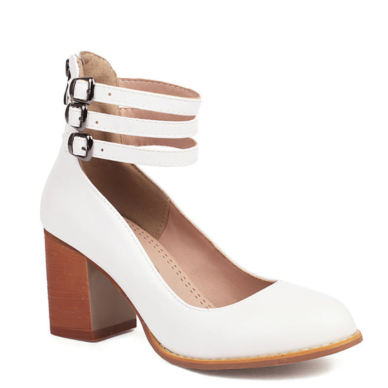 Women's Block Heels – Triple Buckle Ankle Strap Round Toe Office Party
