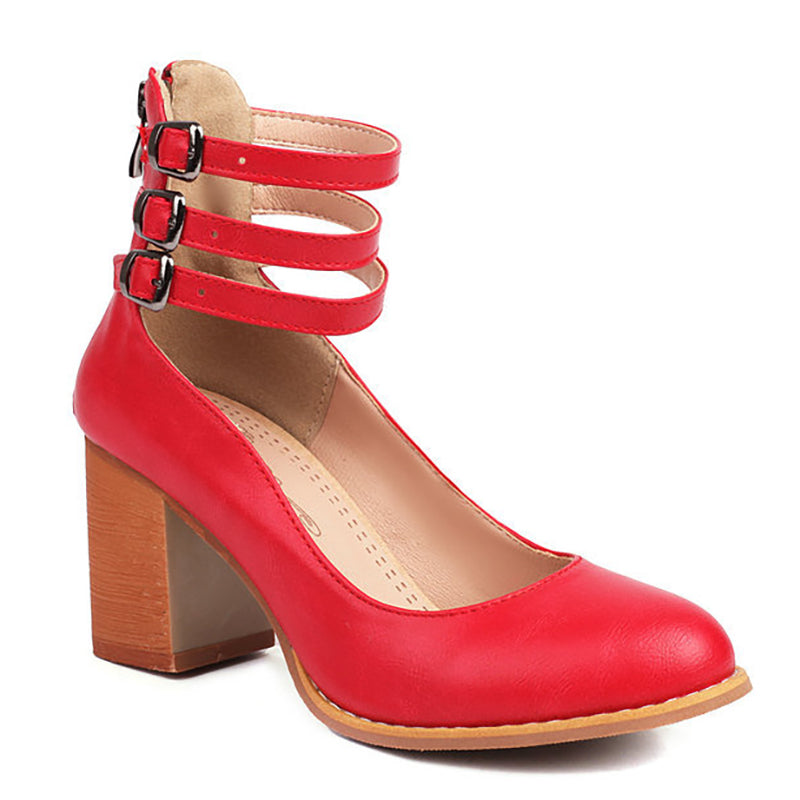 Women's Block Heels – Triple Buckle Ankle Strap Round Toe Office Party