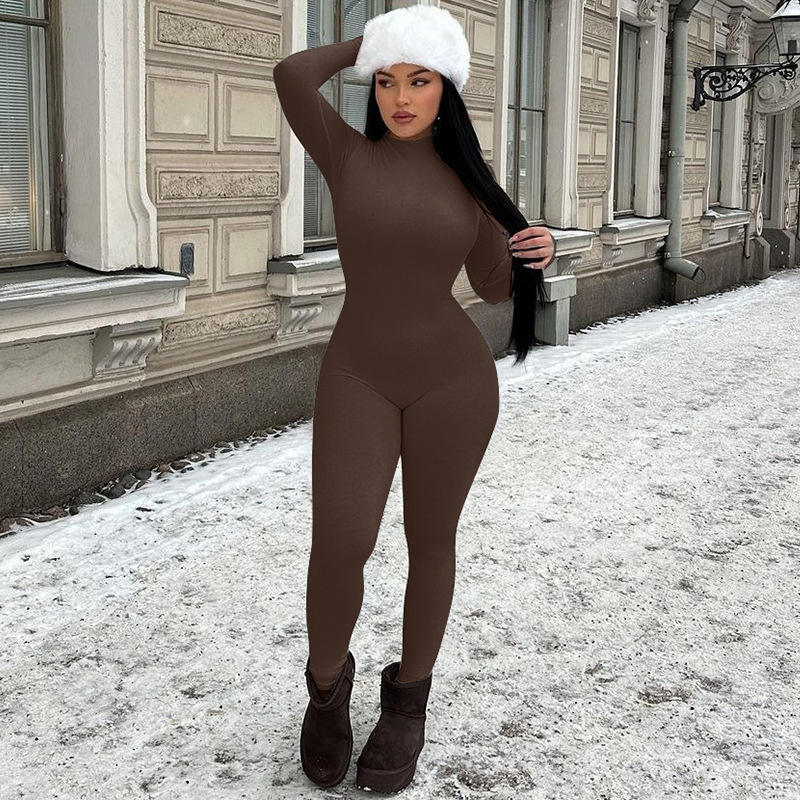 Women's Bodycon Jumpsuit – Long Sleeve Mock Neck Full Length Activewear