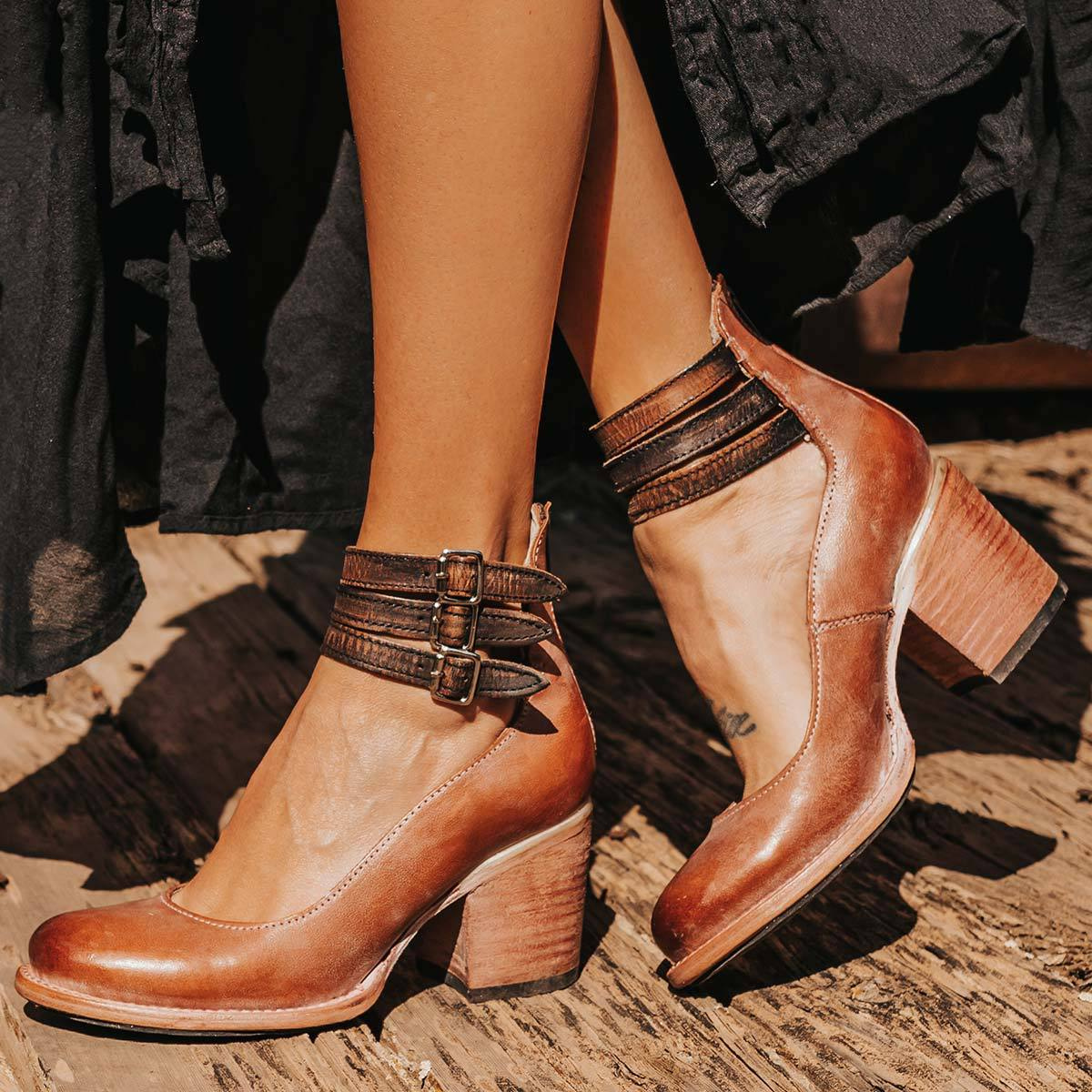 Women's Boho Ankle Boots – Double Buckle Strap Stacked Block Heel Closed Toe