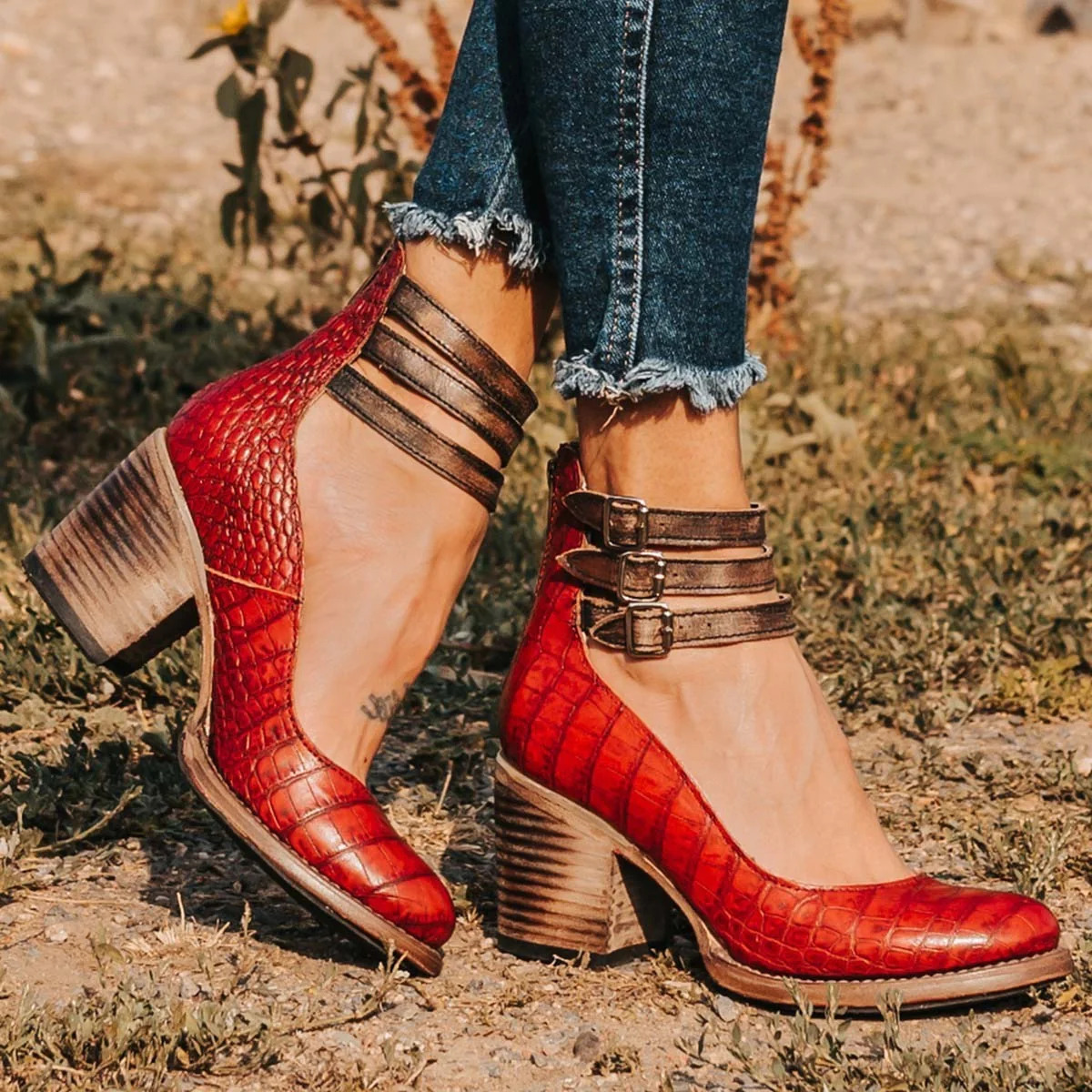 Women's Boho Ankle Boots – Double Buckle Strap Stacked Block Heel Closed Toe
