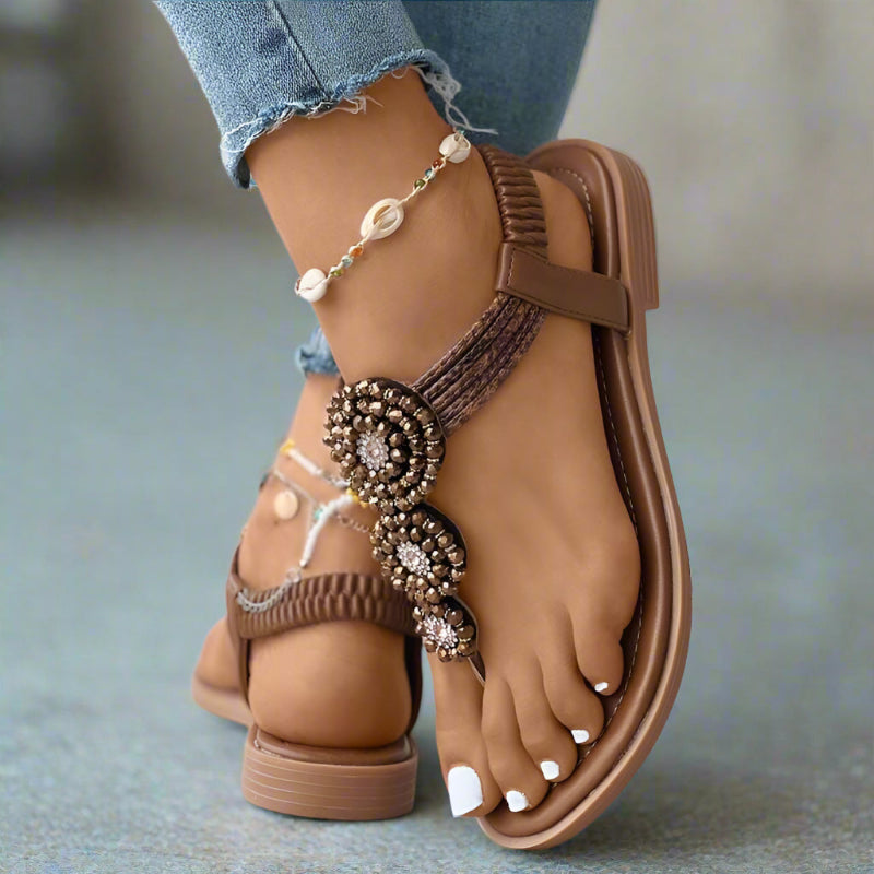 Women's Boho Beaded T-Strap Flat Sandals – Medallion Toe Post Summer Beach