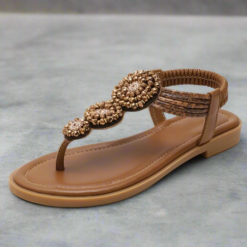 Women's Boho Beaded T-Strap Flat Sandals – Medallion Toe Post Summer Beach