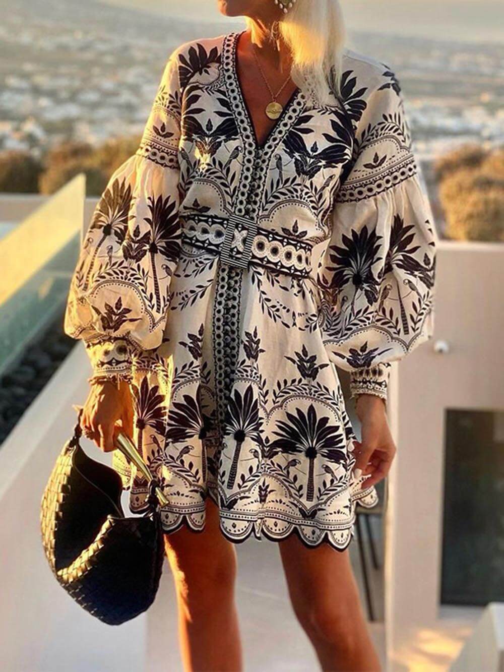 Women's Boho Botanical Print Mini Dress – V Neck Puff Sleeve Scallop Hem