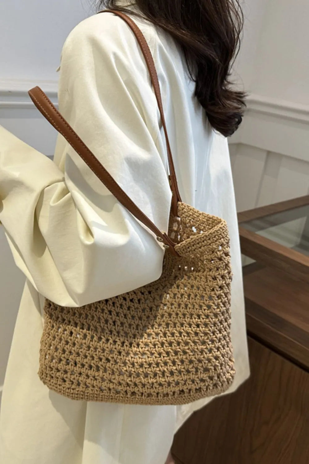 Women's Boho Crochet Knit Tote – Open Weave Contrast Strap Summer Beach