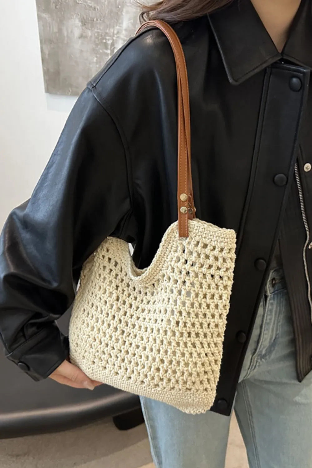 Women's Boho Crochet Knit Tote – Open Weave Contrast Strap Summer Beach