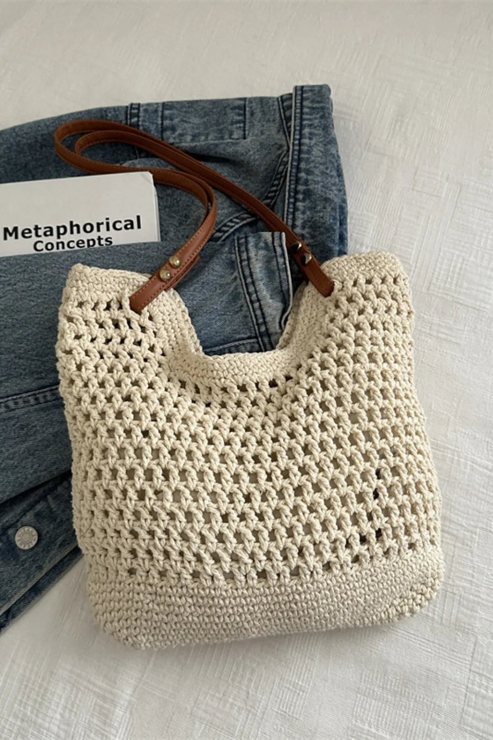 Women's Boho Crochet Knit Tote – Open Weave Contrast Strap Summer Beach