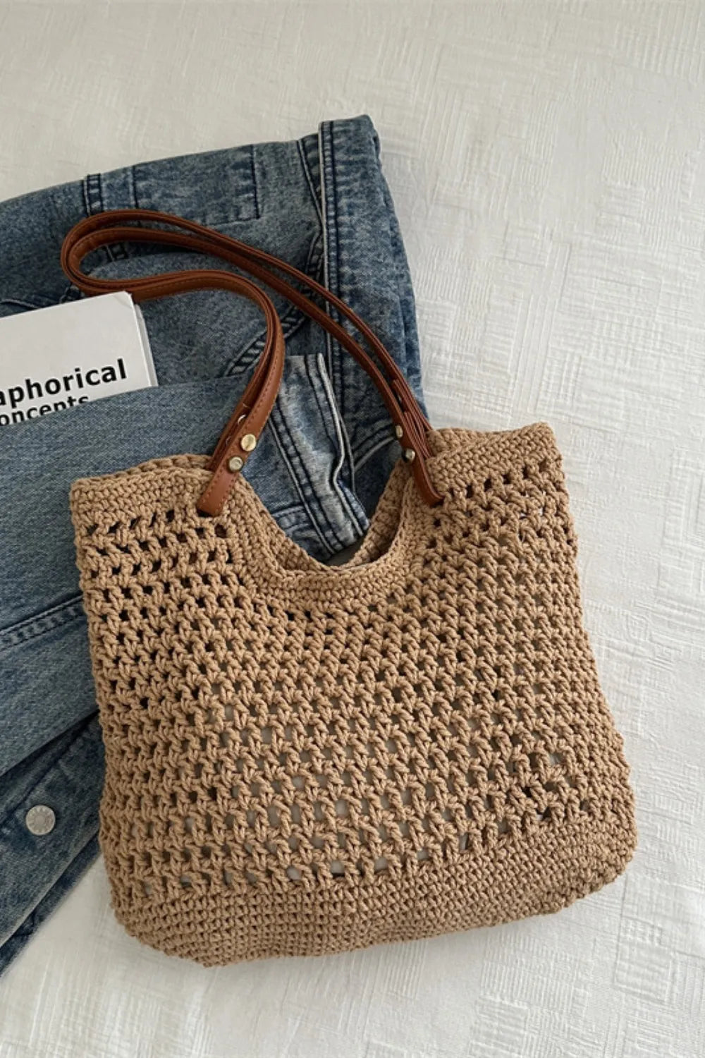 Women's Boho Crochet Knit Tote – Open Weave Contrast Strap Summer Beach