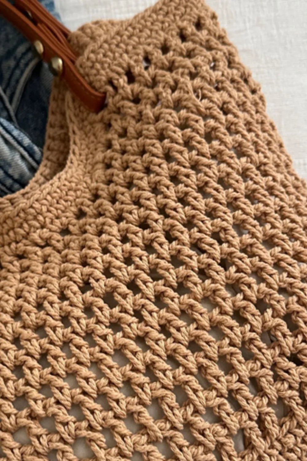 Women's Boho Crochet Knit Tote – Open Weave Contrast Strap Summer Beach
