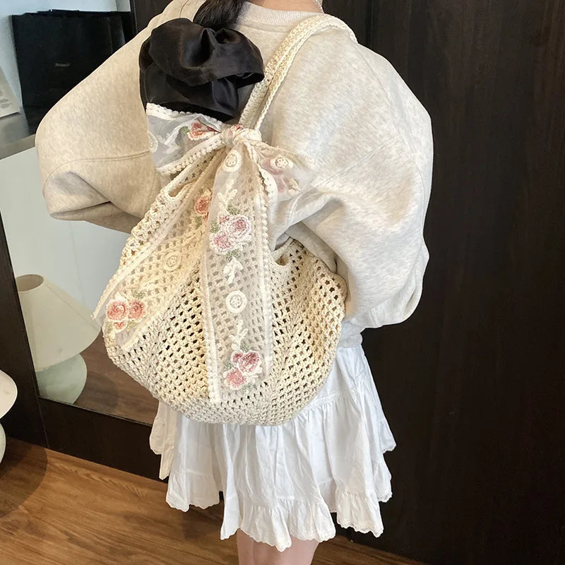 Women's Boho Crochet Tote Bag – Floral Embroidered Lace Bow Handle Summer