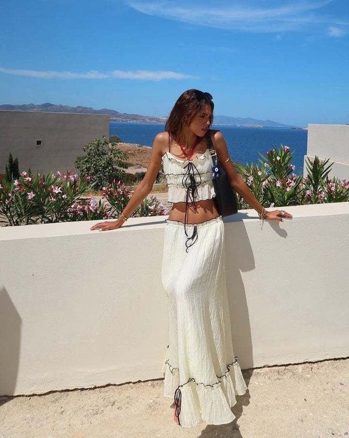 Women's Boho Crop Top and Maxi Skirt 2 Piece Set – Lace Up Ruffle Trim