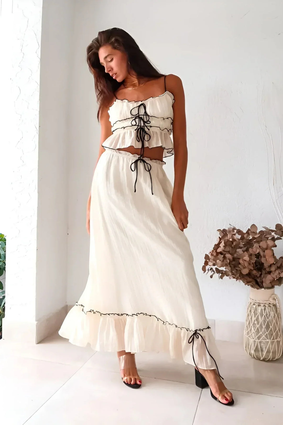 Women's Boho Crop Top and Maxi Skirt 2 Piece Set – Lace Up Ruffle Trim